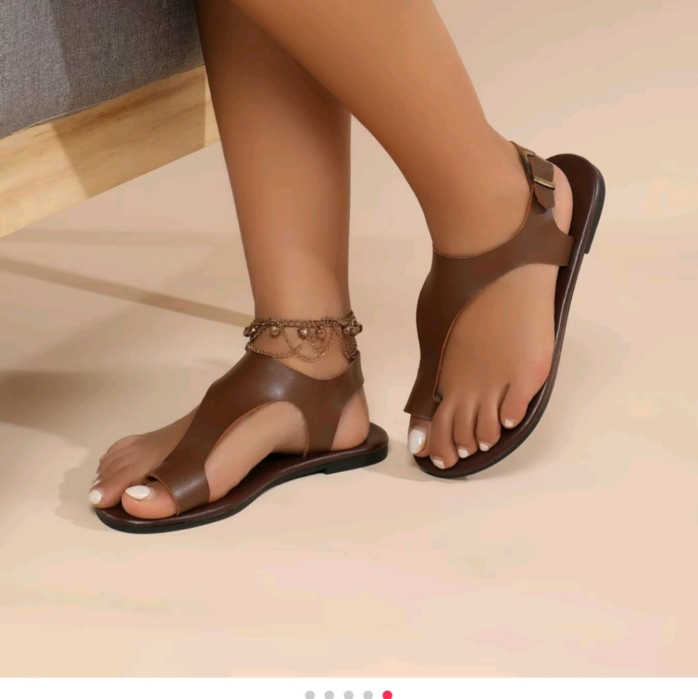 PU leather brown flat sandal hollow